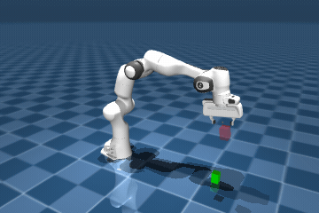 PPO's trained policy solving PandaPickCubeOrientation — pick and place at target pose (real success 0.81).